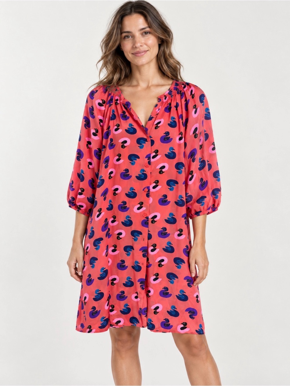 Tucker nwt silk Pink swan shirtdress Dress with Navy & Magenta Print size medium